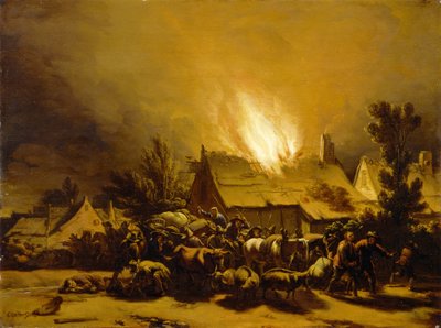 Contadini in fuga da un fienile in fiamme, c.1655 da Egbert van der Poel